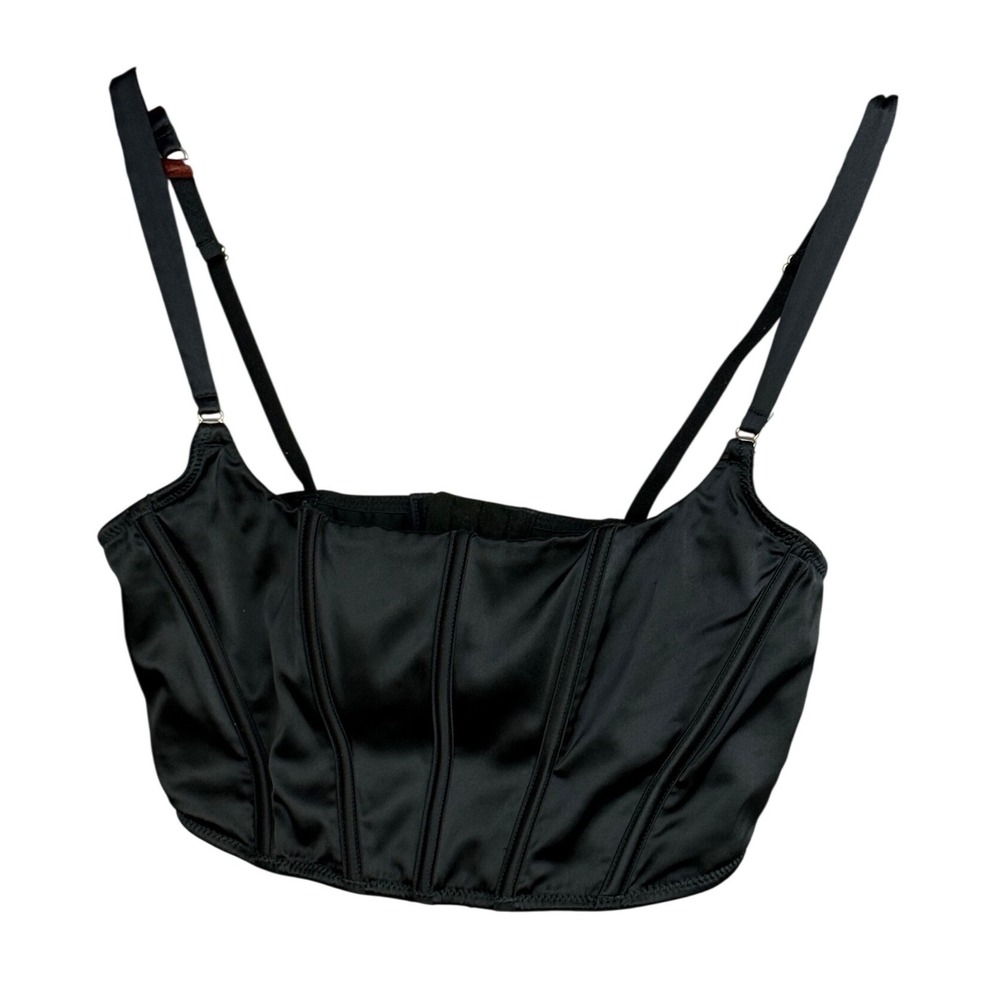 Auden Corset Crop Top Women‎ Size M Black Satin Hook Eye Bustier